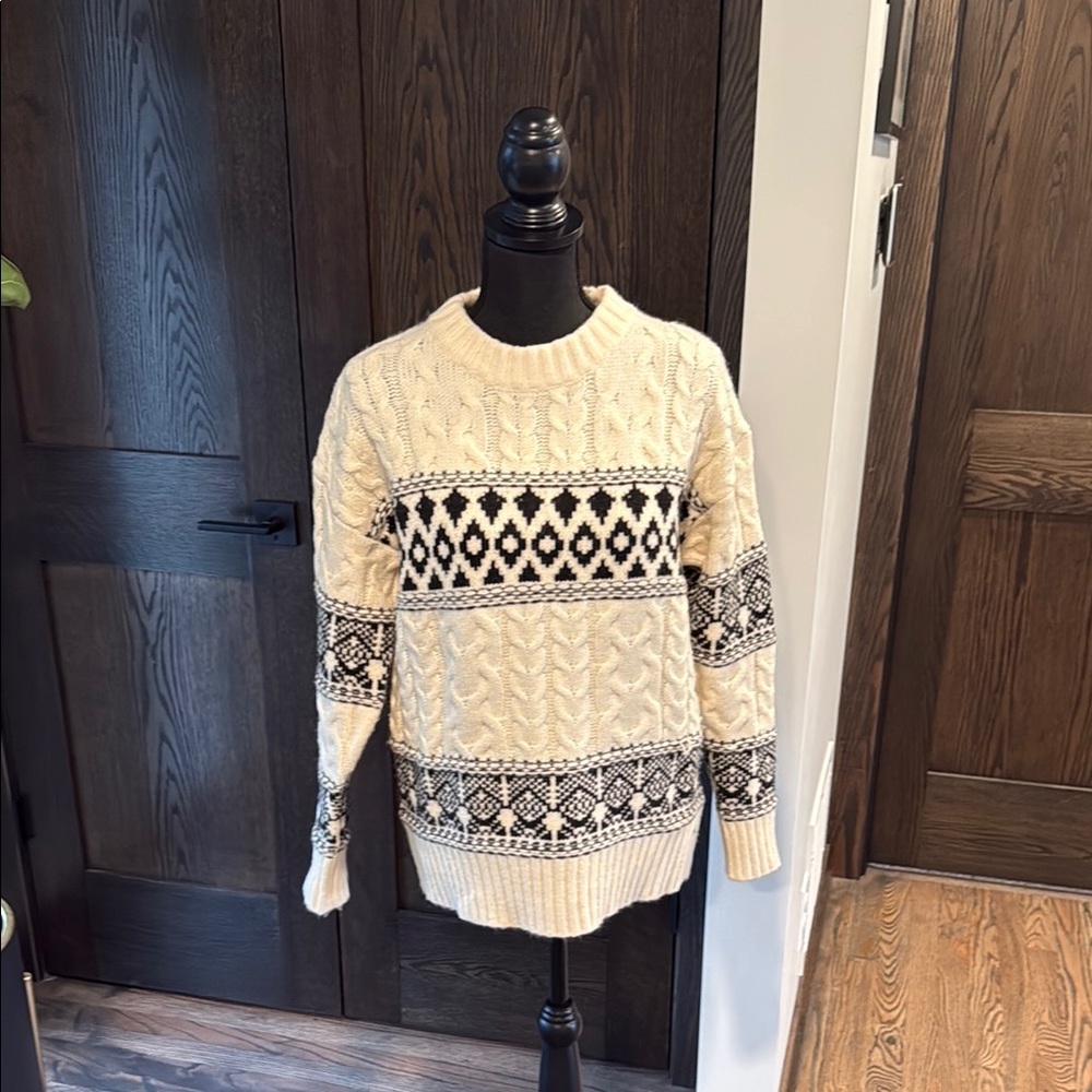 Line & Dot Cream and Black Crew Neck Sweater with Nordic Pattern
